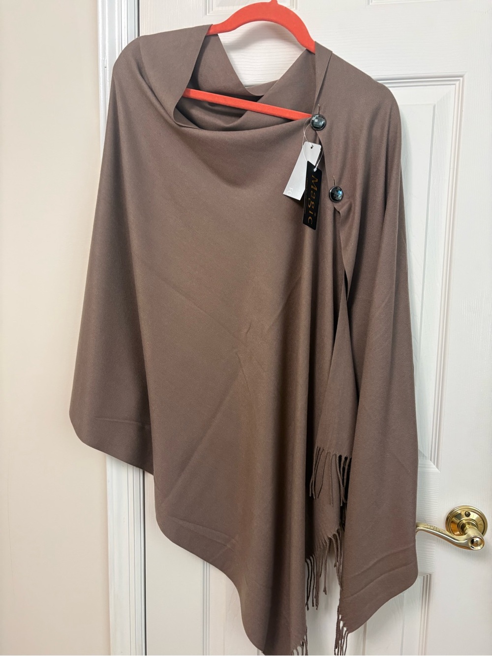 Magic Brown Draped Poncho with Faceted Button Accents
